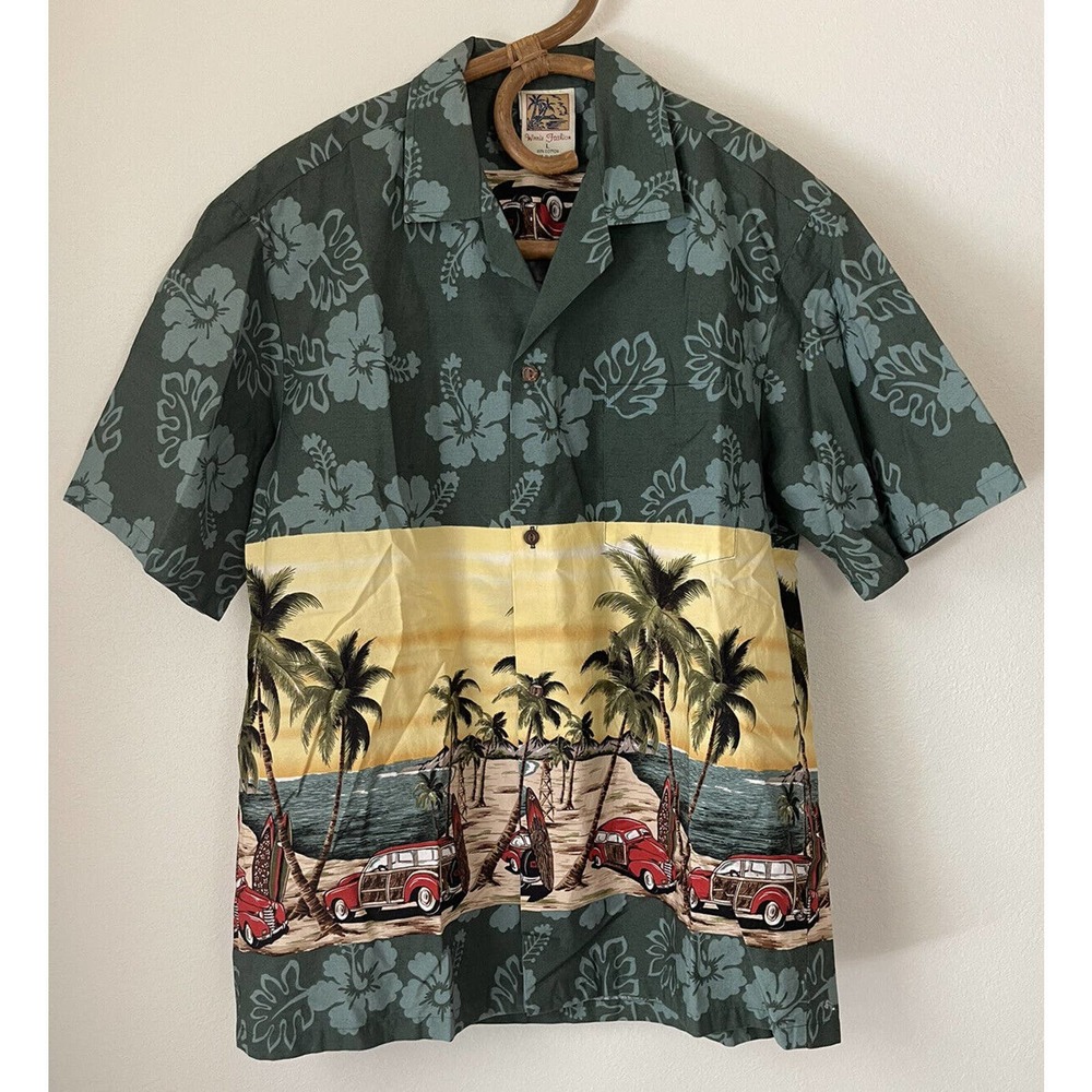 Vintage Winnie Fashion Mens Size L Hawaiian Shirt Cars Surfboards Palms Green